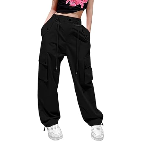HENGAO Girls Y2k Cargo Pants Drawstring Harajuku Jogger Parachute Pants with Pockets, Black,13-14 Years = Tag 170 Cover