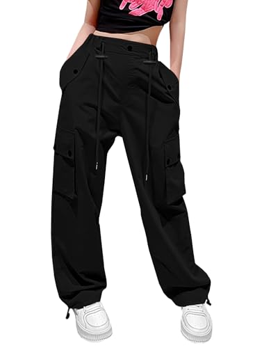 Image of HENGAO Girls Y2k Cargo Pants Drawstring Harajuku Jogger Parachute Pants with Pockets, Black,13-14 Years = Tag 170