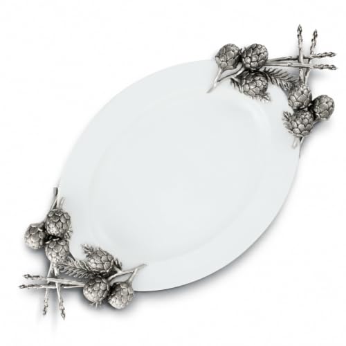 Vagabond House Artichoke Stoneware Tray with Pewter Handles - Elegant Serving Tray for Entertaining - 26" L x 14" W