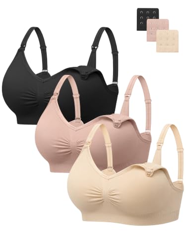 Image of Angelhood Womens Seamless Sleep Nursing Bra,Breastfeeding Maternity Bra with Remove Bra Pads Extenders Pack of 3