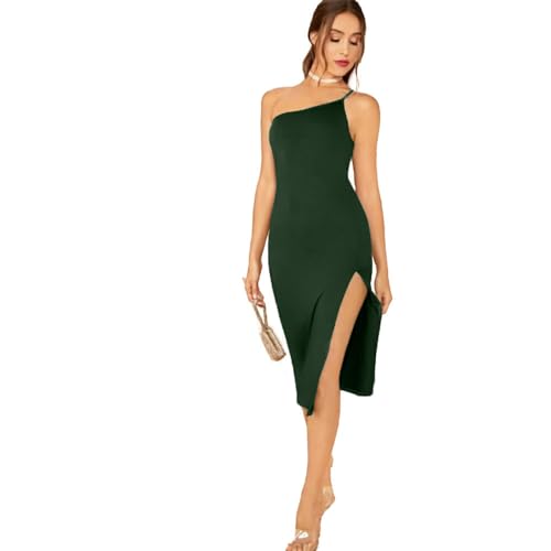 Image of TIVANTE Solid One Shoulder Midi Cami Bodycon Dress with Slit for Women