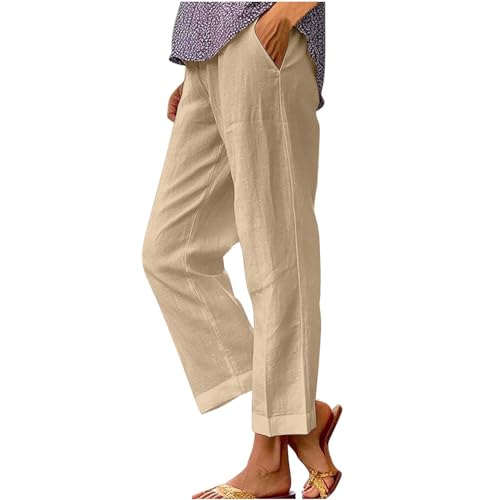 TANGNADE Women's Summer Pants Casual Cotton Linen Wide Leg Cropped Palazzo Pant Loose Elastic Waist Beach Outfits Trendy