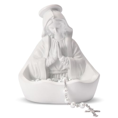 LVEOLU Virgin Mary Statue Catholic Gifts for Women Virgin Mary Keepsake Rosary Holder 5.5 Blessed Mother Statues Catholic Decor (White)