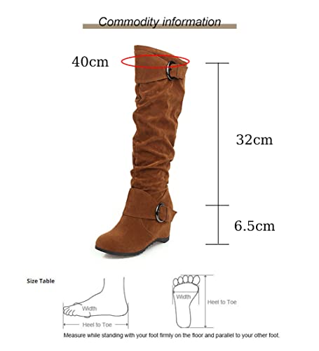 VULTRO Women's Faux Suede Knee High Boots Wedge Heel Wide Calf Slouchy High Boots with Buckle 5
