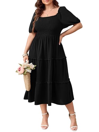 Image of Women's Plus Size Wedding Guest Dress Midi Smocked Square Neck Short Sleeve Tiered Ruffle Casual Dresses