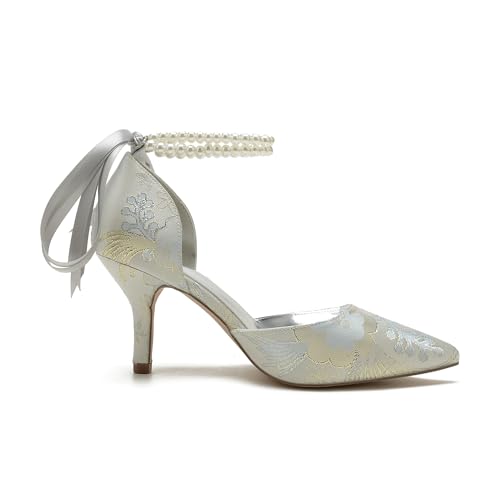 Women's Floral Satin Pointed Toe Kitten Heels Pearl Wedding Shoes for Bride Prom Party Dress Shoes Pumps4