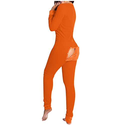 Pyjama Femme Une Pièce Longue Grandes Tailles : Pyjama Femme Long douillet Noël Barboteuse Sexy Une Pièce Combinaison Pyjama Hiver Avec Fonctionnel Rabat Onesie Nuit Combinaison Barboteuse, Orange, L Cover