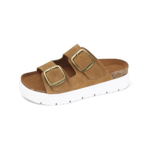 Image of Genuine Leather Platform Sandals for Women Comfortable Summer Beach Slides Sandals with Double Adjustable Buckle