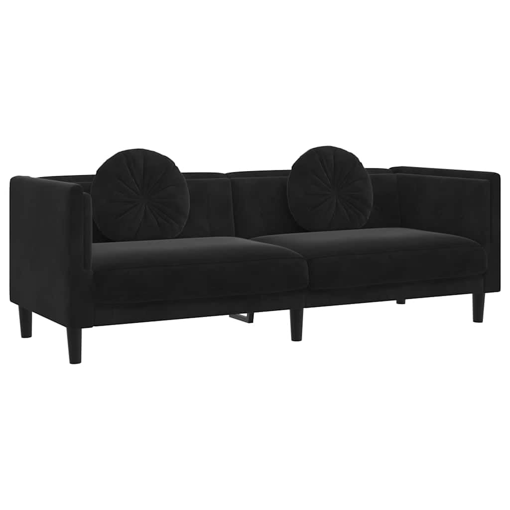 Sofa z poduszką, 3-osobowa, czarna aksamitna, szerokość 193,5 cm, miękka tkanina tapicerska, wygodna kanapa do salonu, wytrzymała