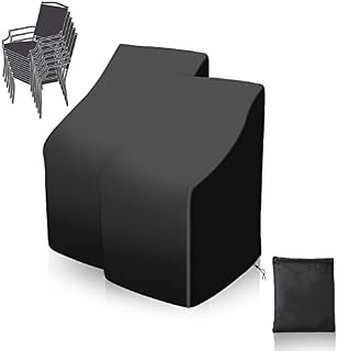 Garden Stacking Chair Cover, 2 Packs Stackable Chair Cover Waterproof, Windproof, Anti-UV 210D Oxford Fabric Outdoor Reclining Garden Chair Cover with Adjustable Hem Cord, 75 * 75 * 120cm, Black