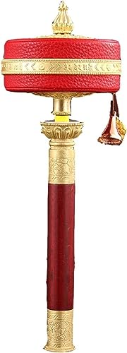 ORICALCHASM Moulin à prières tibétain Manuel, Roue à Main en Cuir Rouge Roue à Mantra à Six caractères en cuivre Pur(L)