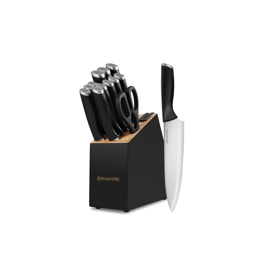 diamosteel Kitchen Knife Set with Block, 13 Pieces Knife Block Set with Built-in Sharpener Scissors for Kitchen, High Carbon Stainless Steel Knife Set (Black)
