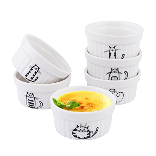 Ramequins Creme Brulee QQ CAT - Juego de 6 moldes de soplado para hornear, pudín, crema quemada, tazas de crema inglesa, salsa de servicio (100 ml, 6 gatos diferentes+blanco mate) Cover