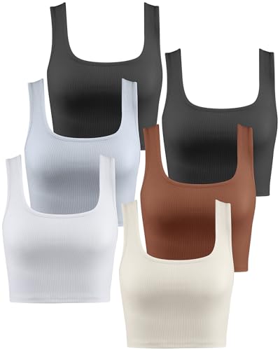 Jecery 6 Pack Womens Crop Tank Tops Basic Seamless Ribbed Square Neck Tank Tops Exercise Summer Yoga Top
