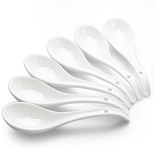 AOOSY Suppenlöffel, 6.75 Zoll keramische chinesische Suppenlöffel,Ramen Löffel,asiatische Suppenlöffel, heller weißer japanischer Löffel groß für Ramen Pho Cereal，Wonton Dumpling Miso, Set von 6(Weiß)