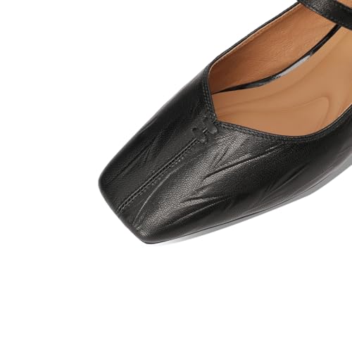 Women's Square Toe Genuine Leather Handmade Strap Buckle Low Chunky Heels Mary Jane Pumps Shoes3