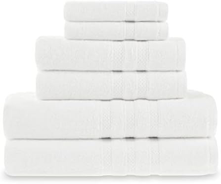 TAWFEEQ LINENS White Turkish Bath Towel Set 650 GSM Double Stitched Edges & Double Piles, Include 2 Hand Towels for Bathroom, 2 washcloths for face & 2 Luxury Bathroom Towels Set for Bath 6-Pack