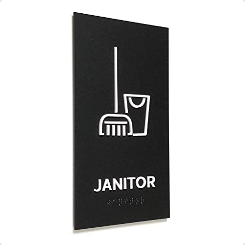 Kubik Letters Janitor Sign, ADA Compliant Modern Design Door Sign with Grade 2 Braille for Janitor Closet Area with 3M Double Sided Tape