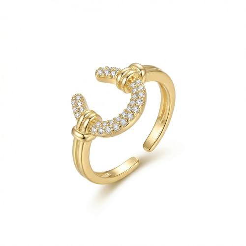 Cluksik Horseshoe Adjustable Ring for Women, Gold Tone Sparkling Cubic Zirconia Open Finger Ring, Minimalist Equestrian Jewelry Accessories for Horse Lovers
