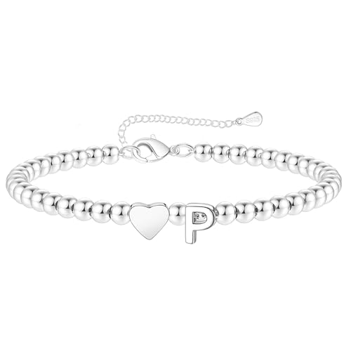Image of Koemore Silver 925 Bracelet for Women Initial Bracelets A-Z Heart Bead Jewellery Birthday Gift For Girls Friends (P)