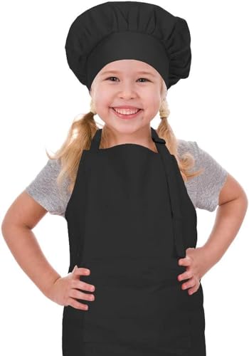 THMINS Kids Apron and Chef Hat Set, Adjustable Cotton Child Aprons, with Large Pocket Girls Boys, Kitchen Bib Aprons for Cooking Baking Painting