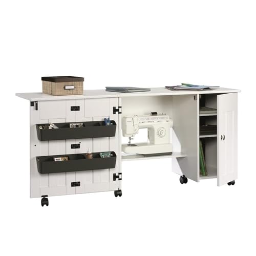 Sauder Folding SewingTable & Craft Cart Storage Cabinet, in Soft White