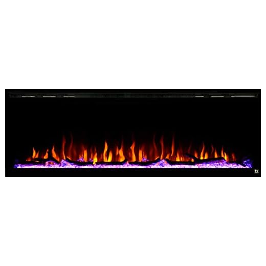 Touchstone Sideline Elite Smart 60” WiFi-Enabled Electric Fireplace - 80037 - in-Wall Recessed - 60 Color Combinations - 1500/750 Watt Heater (68-88°F Thermostat) - Black - Log, Crystals & Driftwood