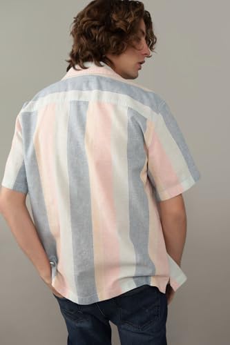 Image of American Eagle Men Multi-Colored Linen-Blend Striped Button-Up Poolside Shirt