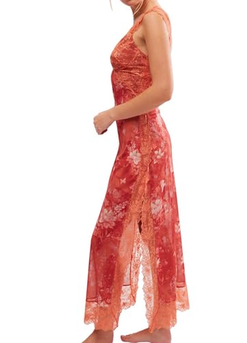 Image of Women Sexy Lace Patchwork Mesh Dress Floral Print Cutout Sweetheart Neck Backless Slit Summer Maxi Dress