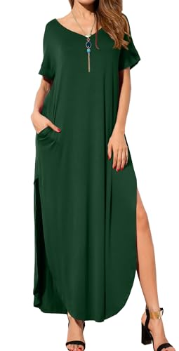 Image of GRECERELLE Women's Summer Maxi Dress Casual Loose V Neck Short Sleeve Side Split Long Dresses with Functional Pockets