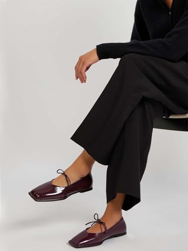Image of Lace up Ballet Flats Women Square Toe Mary Jane Flats Bow Slip On Comfortable Ballerina Shoes