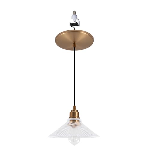 Worth Home Products The Original Instant Pendant Light | 6-Inch Recessed Can Screw-in Pendant Conversion Kit | Satin Brass Pendant with Clear Ribbed Glass Shade