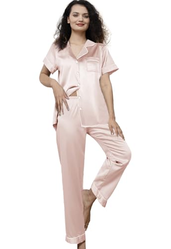 Image of WJing Yi Jia Womens Pajamas Set XS-4XL Floral Silk Satin Pajama Sets Silky Pj Sets 2Pcs Loungewear Sleepwear Button Down Pjs