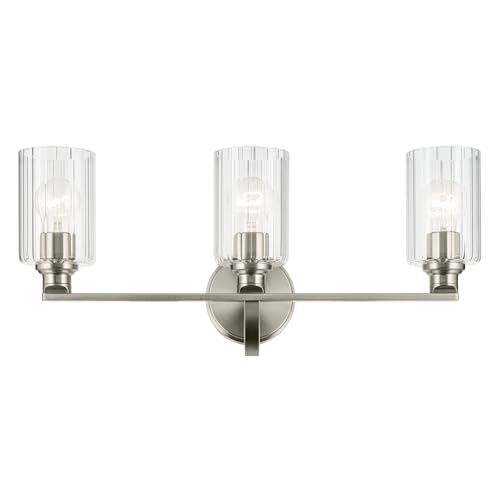 Image of Kichler Gioe 24.25 in 3-Light Bathroom Vanity Light Fixture with Clear Fluted Glass in Brushed Nickel, Modern Wall Mount Over Mirror for Powder Room, Damp Rated (24.25 in W x 10.5 in H), 55226NIFLU