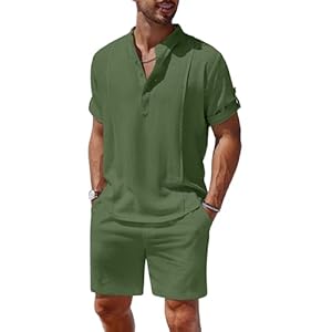 COOFANDY Men’s 2 Pieces Linen Set Henley Shirt Short Sleeve and Shorts Summer Beach Yoga Matching Outfits