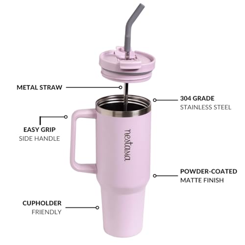 Image of Nestasia GripSip40 Tumbler with Straw & Side Handle 1.2L | Insulated Stainless Steel Sipper Water Bottle for Adults with Dual Flip Opening Sip-Swig Leakproof Lid for Office & Gym (Lilac Haze)