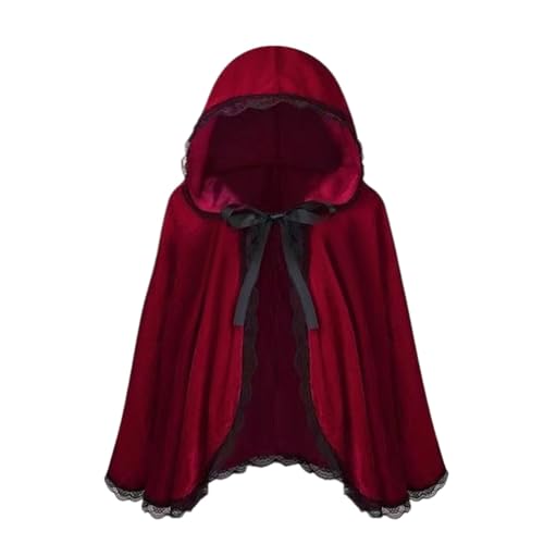 Generisch Rotkäppchen Umhang Damen, Umhang Rot Kurz, Halloween Roter Kapuzenumhang Dreidimensionale Spitze, Fasching Karneval Kostüm Damen für...