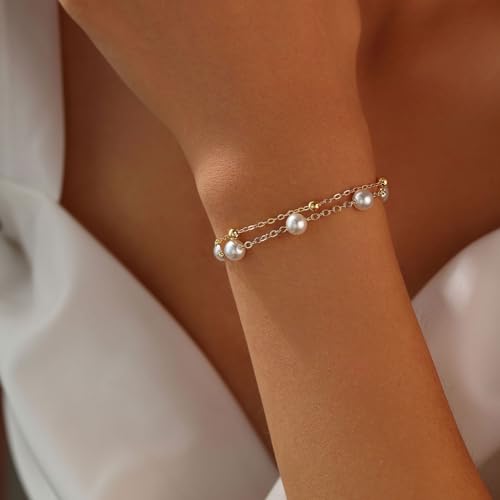 enasal 1/4/6Pcs Bridesmaid Proposal Gifts,Gold Pearl Bracelets for Women,18K Gold Plated Layered Bracelets for Wedding Bridal Party3