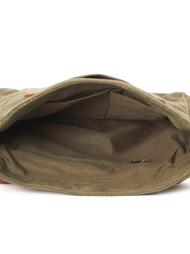 Image of Canvas Messenger Bag with Leather Trim, Olive Green with Red Stripe, Vintage Style Shoulder Bag