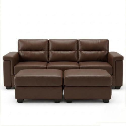 Image of FURNY Parker 3 Seater Sofa Set with 2 Ottoman | Premium Leatherette Finish | Durable Comfort Sofa for Modern Living Room & Office Spaces