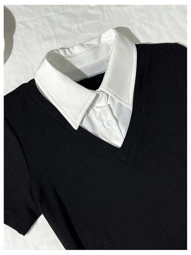 Women's Color Block Pleated A Line Mini Dresses Short Sleeve Fitted Collared Office Work Dress4