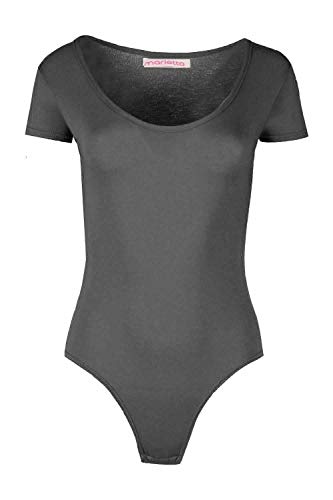 Womens Cap Short Sleeve Plain Round Neck Stretch Leotard Bodysuit Uk 8-26 (Dark Grey, 20-22)
