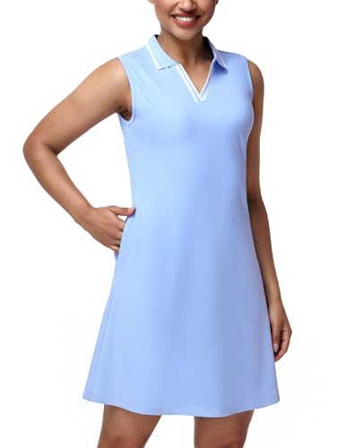 Image of MIER Golf Dresses for Women V Neck Sleeveless Dress with Zip Pocket | For Tennis Pickleball Travel Casual, Soft Breathable, 4-Way Stretch Light Flowy, Ribbed Collar, Reflective Logo, Wrinkle Free