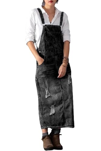 Image of Yoeasy Women's Distressed Denim Overall Dress - Adjustable Strap Pinafore A-Line Mid Long Jean Bib