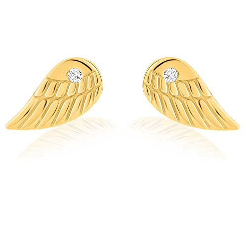 Solid 14k Gold Angel Wing with Tiny Stone Cubic Zirconia CZ Stud Earrings