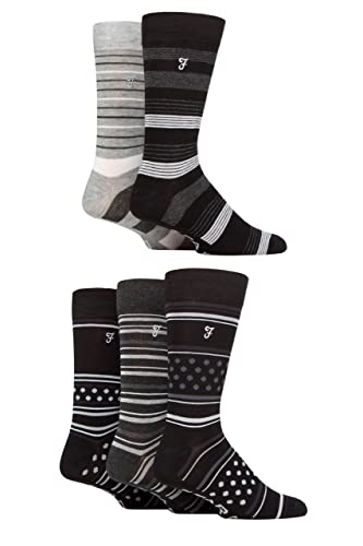 Farah Herren Plain, Streifend und Gemustert Jeden Tag Bambus Socken Packung 5 Streifen und Punkte Schwarz/Holzkohle 39-45