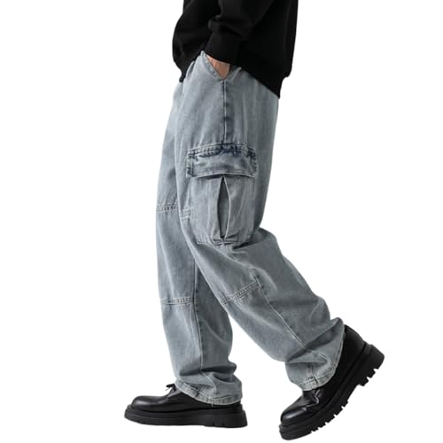 Men's Drawstring Elastic Waist Flap Pockets Streetwear Baggy Cargo Jeans