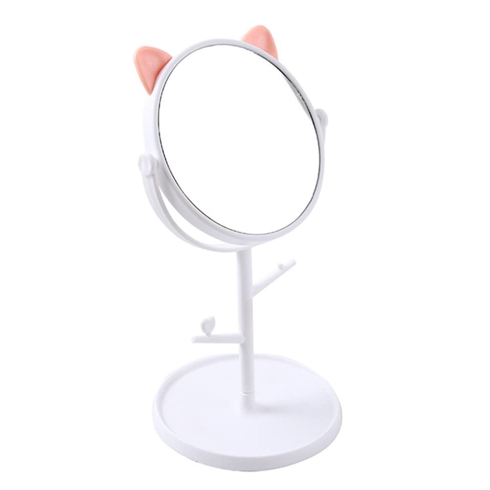 Glass Cute Rotatable Makeup Round Mirror With Cat Ears-Shaped Decor Standing Desktop One-Way Mirror With Organizer Beauty Tool (White)-image-40