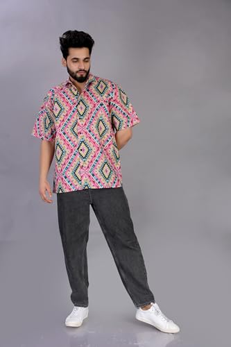 Image of BROWN CULTURE Men's Cotton Blend Printed Shirt with Spread Collared Neck Half Sleeves Oversized Straight Hem Length and Button Down Closure | Formal Shirts for Men