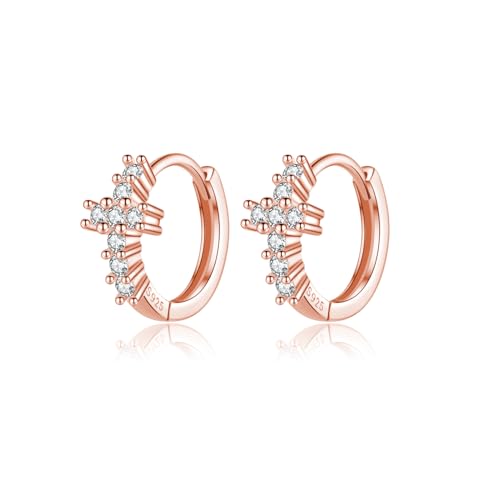 Reffeer Solid 925 Sterling Silver CZ Cross Hoop Earrings for Women Teen Girls Cross Huggie Earrings Cartilage Helix